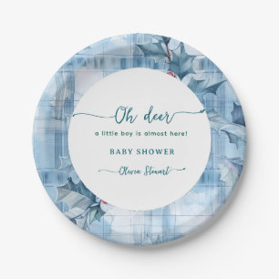 Blue Floral Gingham oh deer baby shower Paper Plates