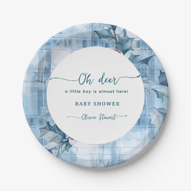  Blue Floral Gingham oh deer baby shower  Paper Plates (Front)