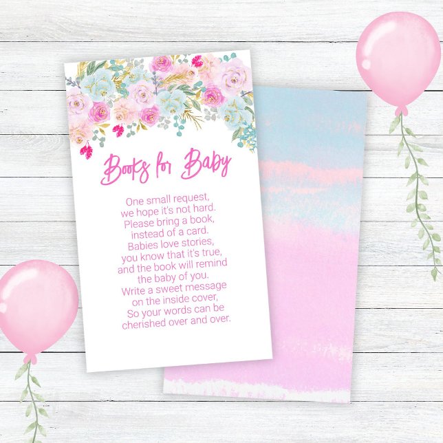 Blue Floral Girl Baby Shower Books for Baby Enclosure Card (Creator Uploaded)