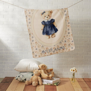 Blue Floral Girl Teddy Bear Personalized Vintage Baby Blanket