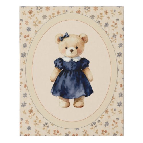 Blue Floral Girl Teddy Bear Vintage  Faux Canvas Print