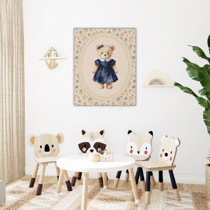 Blue Floral Girl Teddy Bear Vintage  Faux Canvas Print