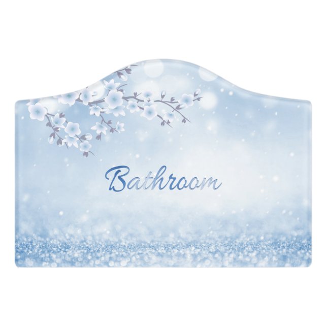  Blue Floral Glam Bathroom Door Sign (Small Crest Front)