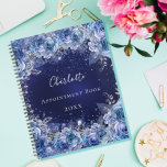 Blue floral glitter dust name glamorous 2024 planner<br><div class="desc">A midnight blue background with faux glitter dust and blue florals.  The blue color is uneven. The name is written with a modern hand lettered style script.  Personalize and add your name,  title and year.</div>
