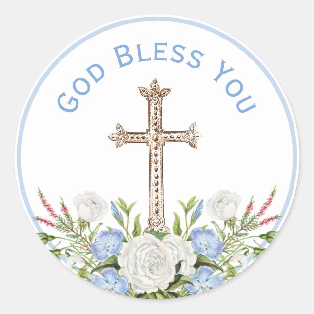 Blue Floral God Bless You Religious Classic Round Sticker