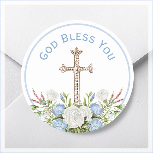 Blue Floral God Bless You Religious Classic Round Sticker