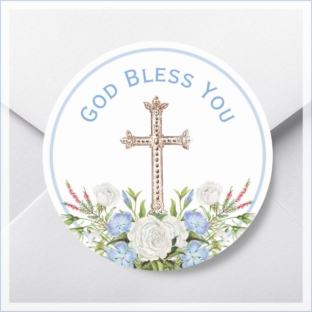 Blue Floral God Bless You Religious Classic Round Sticker (Creator Uploaded)