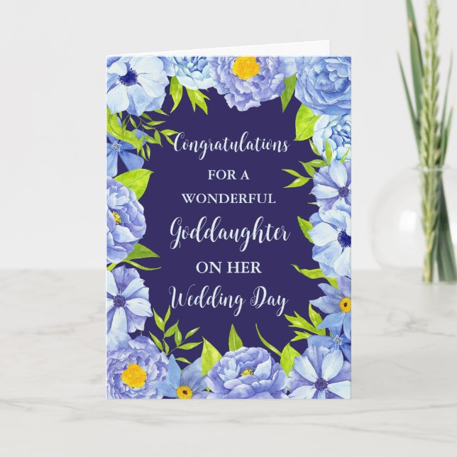 Blue Floral Goddaughter Wedding Congratulations Card (Front)