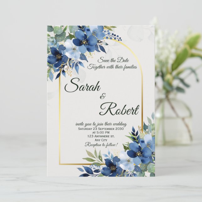 Blue Floral Gold Arch Wedding Save The Date Invitation (Standing Front)