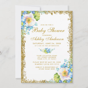 Blue Floral Gold Baby Shower Glitter Invitation