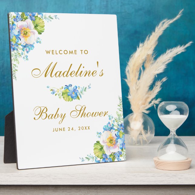 Blue Floral Gold Baby Shower Welcome Plaque (Side)