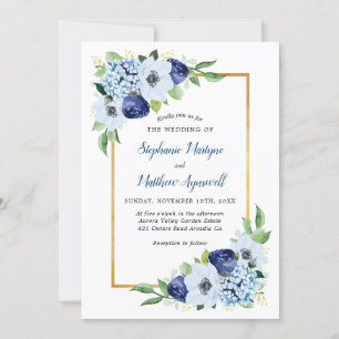 Blue Floral Gold Border Watercolor Wedding Invitation