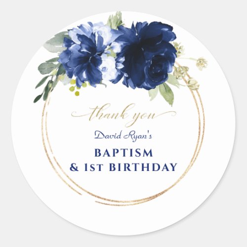 Blue Floral Gold Boy 1st Birthday Baptism Classic Round Sticker