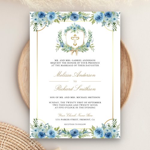 Blue Floral Gold Catholic Cross QR Code Wedding Invitation