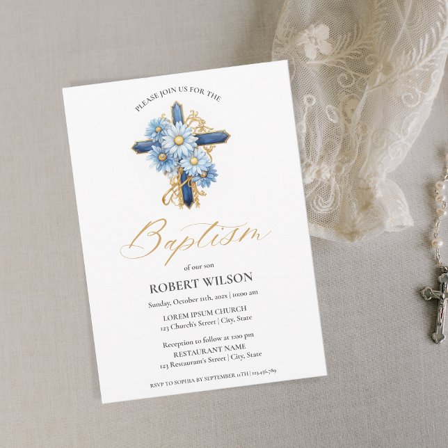 Blue Floral Gold Cross Boy Christening Baptism Invitation (Creator Uploaded)