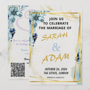 Blue Floral Gold Elegant Wedding Invitation Set