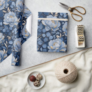 Blue Floral Gold Elegant Wrapping Paper