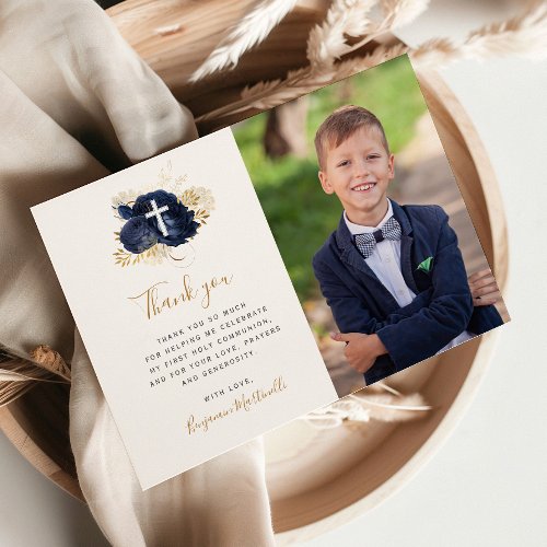Blue Floral Gold First Communion Thank You