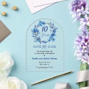 Blue Floral Gold Frame 10th Wedding Anniversary Acrylic Invitations