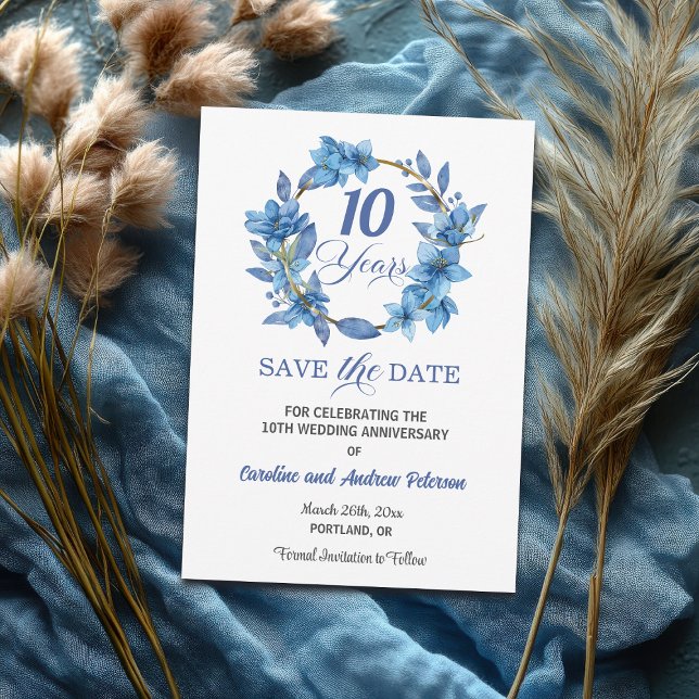 Blue Floral Gold Frame 10th Wedding Anniversary Save The Date (Creator Uploaded)