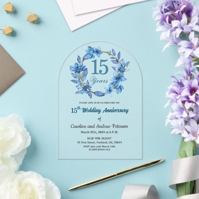  Blue Floral Gold Frame 15th Wedding Anniversary  Acrylic Invitations (Insitu (Wedding))