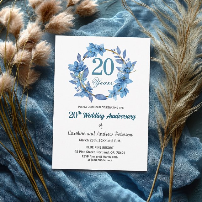  Blue Floral Gold Frame 20th Wedding Anniversary  Invitation (Creator Uploaded)