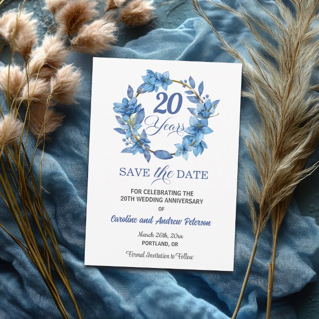 Blue Floral Gold Frame 20th Wedding Anniversary Save The Date (Creator Uploaded)