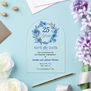 Blue Floral Gold Frame 25th Wedding Anniversary Acrylic Invitations