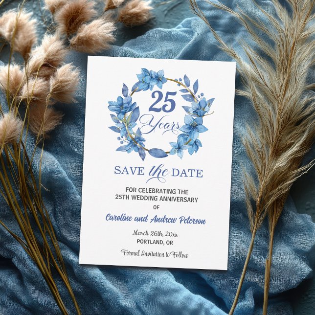 Blue Floral Gold Frame 25th Wedding Anniversary Save The Date (Creator Uploaded)