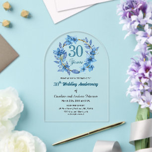 Blue Floral Gold Frame 30th Wedding Anniversary Acrylic Invitations