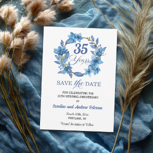 Blue Floral Gold Frame 35th Wedding Anniversary Save The Date