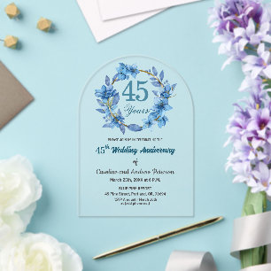 Blue Floral Gold Frame 45th Wedding Anniversary Acrylic Invitations