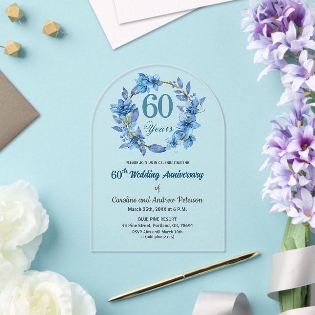  Blue Floral Gold Frame 60th Wedding Anniversary  Acrylic Invitations (Insitu (Wedding))