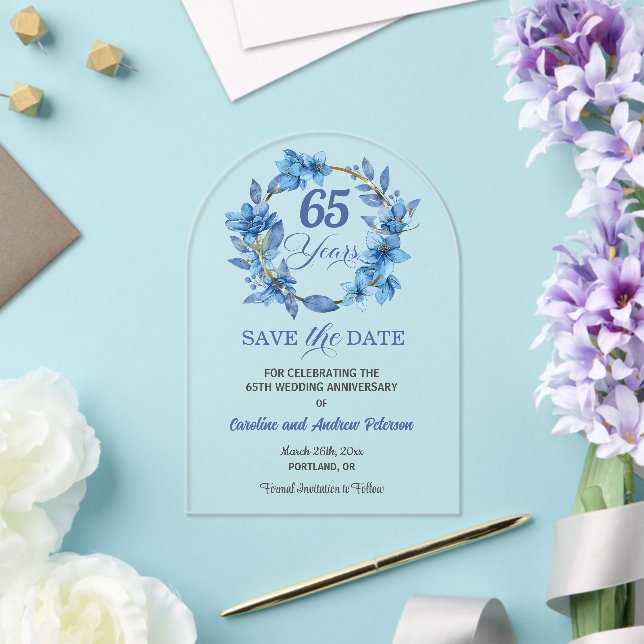 Blue Floral Gold Frame 65th Wedding Anniversary Acrylic Invitations (Insitu (Wedding))