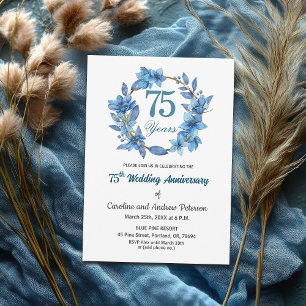 Blue Floral Gold Frame 75th Wedding Anniversary Invitation
