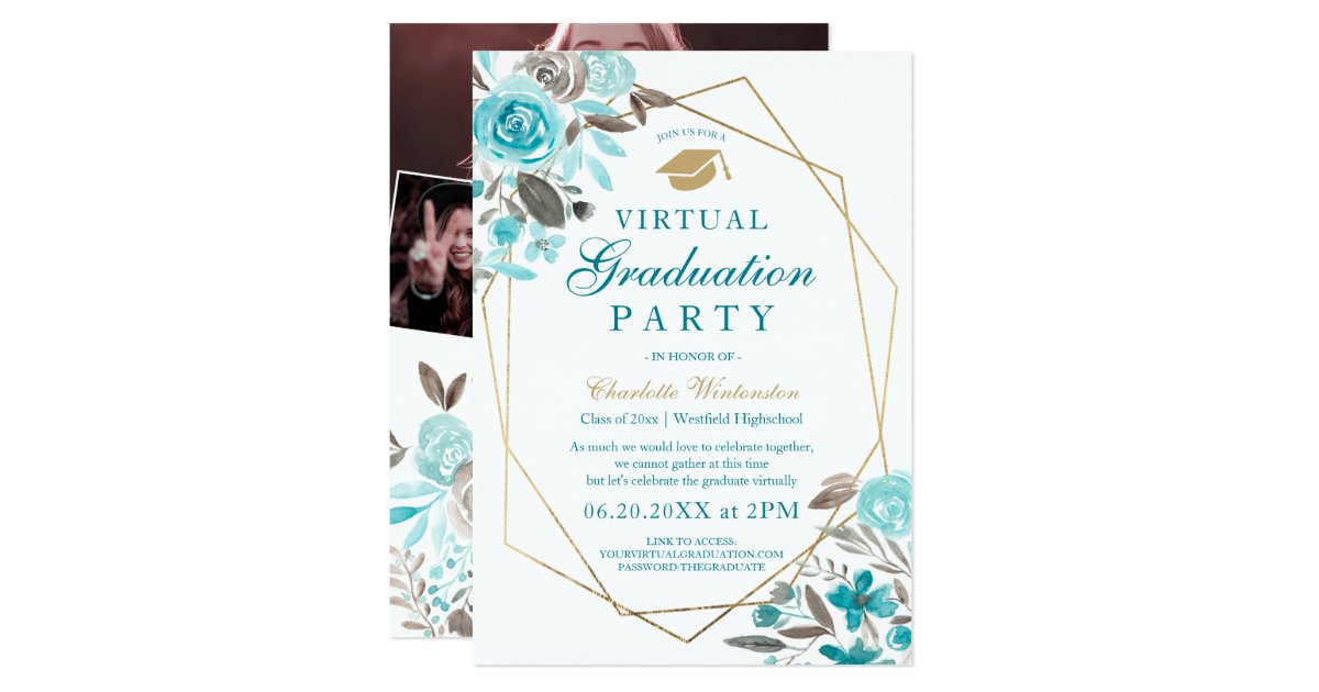 Blue floral gold frame photos virtual Graduation Invitation | Zazzle.com