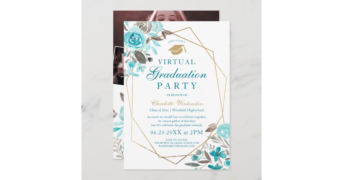 Blue floral gold frame photos virtual Graduation Invitation | Zazzle