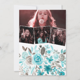 Blue floral gold frame photos virtual Graduation Invitation | Zazzle