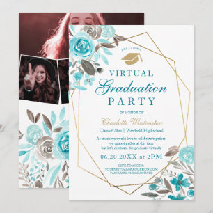 Blue floral gold frame photos virtual Graduation Invitation