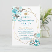 Blue floral gold frame photos virtual Graduation Invitation | Zazzle
