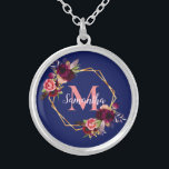 Blue floral gold geometric monogram silver plated necklace<br><div class="desc">A chic navy blue background. A faux gold geometric frame decorated with watercolored flowers,  roses in burgundy and pink and boho style feathers.  Templates for Your name and monogram letter.  The name in pink is written with a modern and trendy hand lettered style script.  The monogram letter in coral.</div>