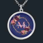 Blue floral gold geometric monogram silver plated necklace<br><div class="desc">A chic navy blue background. A faux gold geometric frame decorated with watercolored flowers,  roses in burgundy and pink and boho style feathers.  Templates for Your name and monogram letter.  The name in pink is written with a modern and trendy hand lettered style script.  The monogram letter in coral.</div>