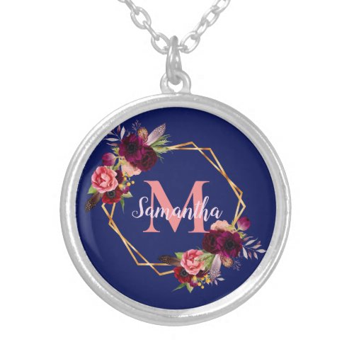 Blue floral gold geometric monogram silver plated necklace