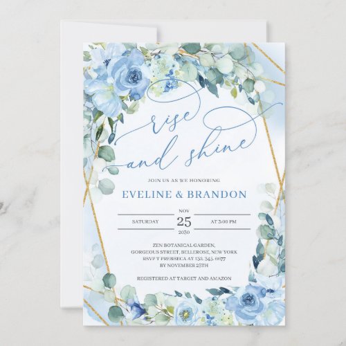 Blue Floral GOld Geometric Rise and Shine Wedding Invitation