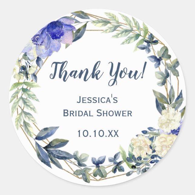 Blue Floral Gold Geometric Thank You Classic Round Sticker (Front)