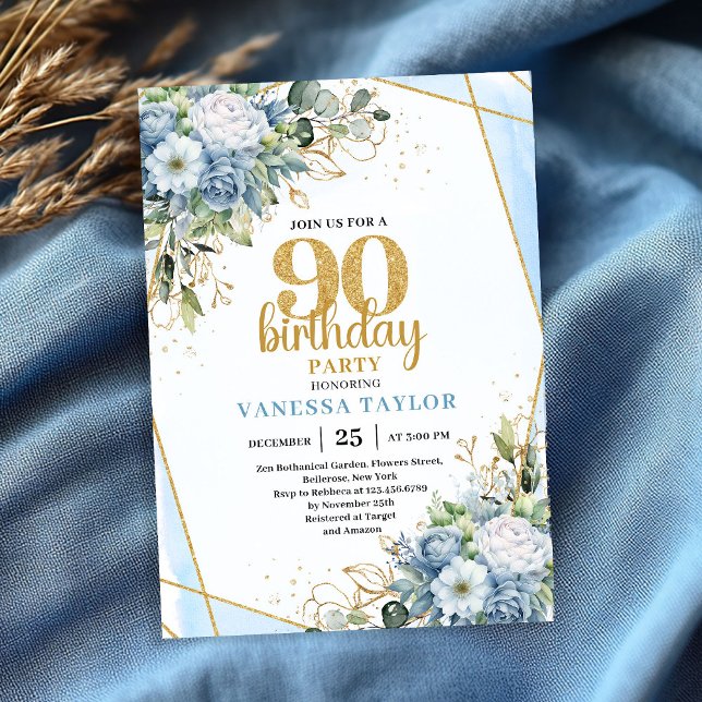 Blue Floral Gold Glitter 90th Birthday Celebration Invitation (Blue Floral Gold Glitter 90th Birthday Celebration Invitation

)