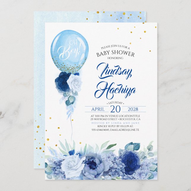 Blue Floral Gold Glitter Balloon Baby Shower Invitation (Front/Back)