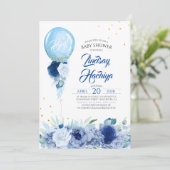 Blue Floral Gold Glitter Balloon Baby Shower Invitation (Standing Front)