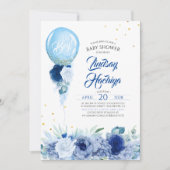 Blue Floral Gold Glitter Balloon Baby Shower Invitation (Front)