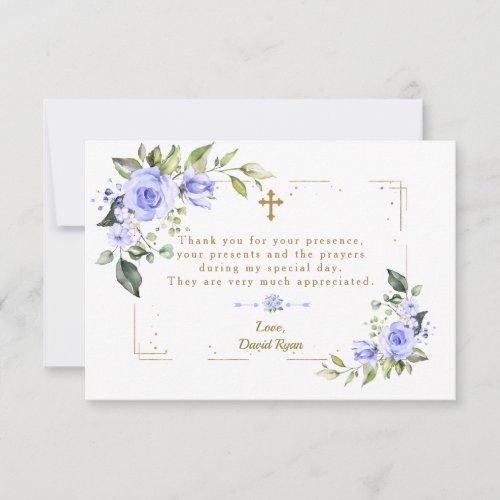 Blue Floral Gold Glitter Frame Cross Boy Baptism Thank You Card